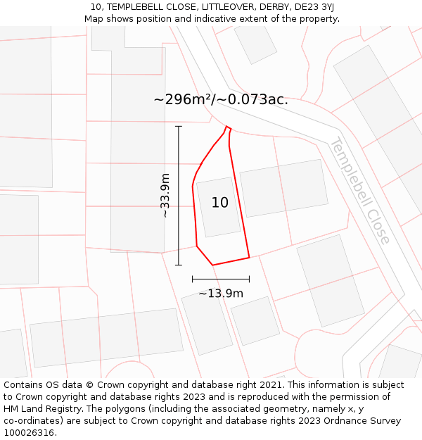 10, TEMPLEBELL CLOSE, LITTLEOVER, DERBY, DE23 3YJ: Plot and title map