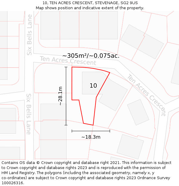 10, TEN ACRES CRESCENT, STEVENAGE, SG2 9US: Plot and title map