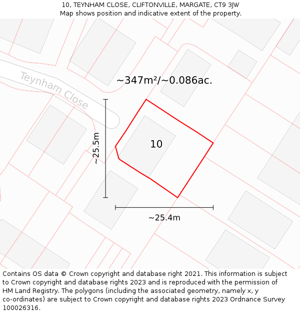 10, TEYNHAM CLOSE, CLIFTONVILLE, MARGATE, CT9 3JW: Plot and title map