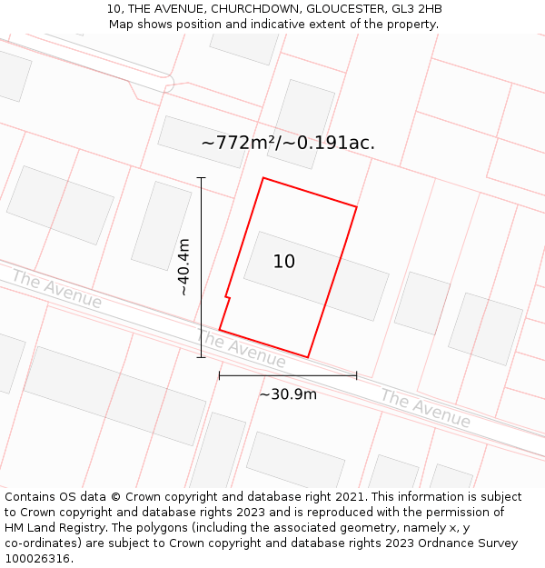 10, THE AVENUE, CHURCHDOWN, GLOUCESTER, GL3 2HB: Plot and title map