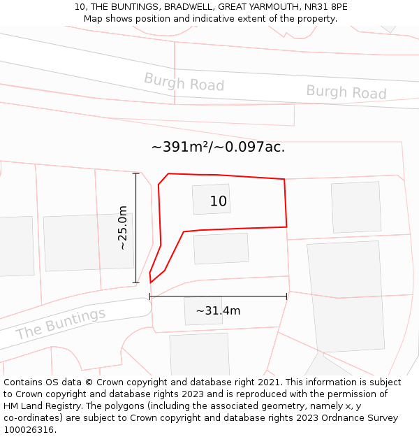 10, THE BUNTINGS, BRADWELL, GREAT YARMOUTH, NR31 8PE: Plot and title map