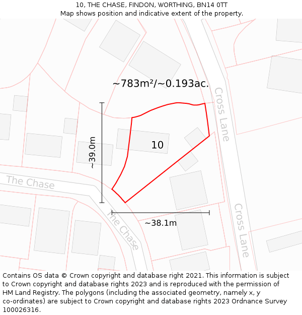 10, THE CHASE, FINDON, WORTHING, BN14 0TT: Plot and title map