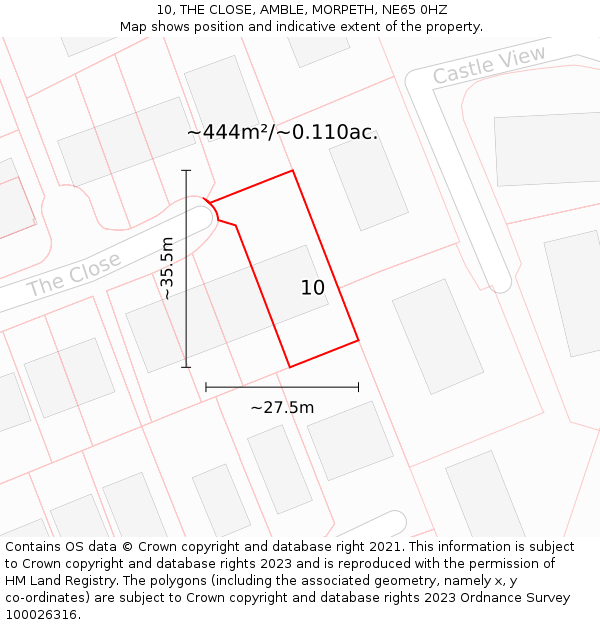 10, THE CLOSE, AMBLE, MORPETH, NE65 0HZ: Plot and title map