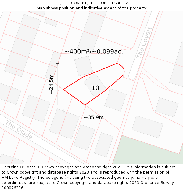 10, THE COVERT, THETFORD, IP24 1LA: Plot and title map