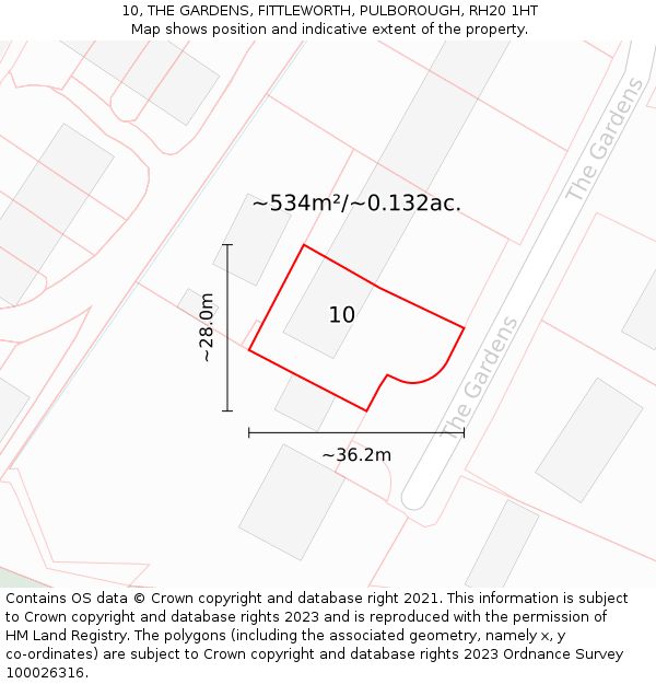 10, THE GARDENS, FITTLEWORTH, PULBOROUGH, RH20 1HT: Plot and title map