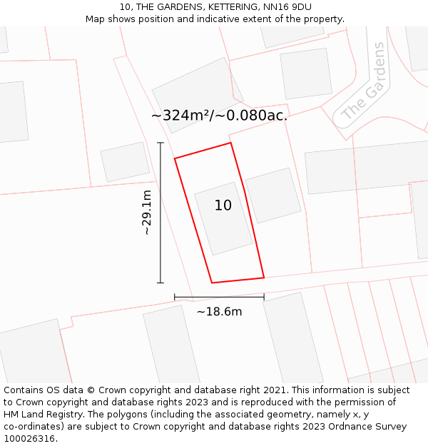 10, THE GARDENS, KETTERING, NN16 9DU: Plot and title map