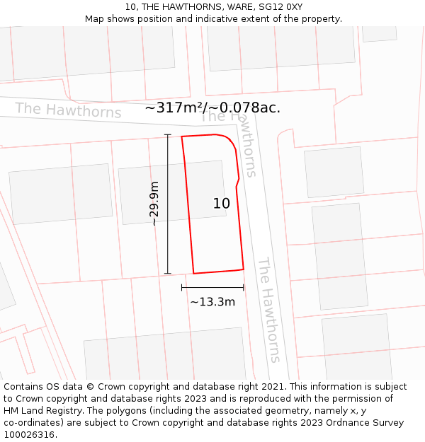 10, THE HAWTHORNS, WARE, SG12 0XY: Plot and title map