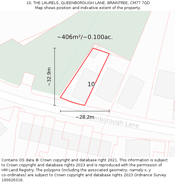 10, THE LAURELS, QUEENBOROUGH LANE, BRAINTREE, CM77 7QD: Plot and title map
