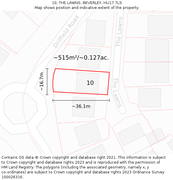 10, THE LAWNS, BEVERLEY, HU17 7LS: Plot and title map