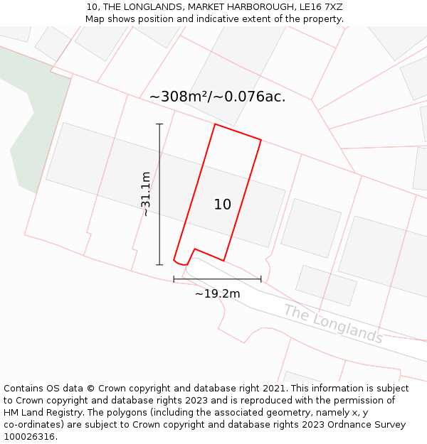 10, THE LONGLANDS, MARKET HARBOROUGH, LE16 7XZ: Plot and title map