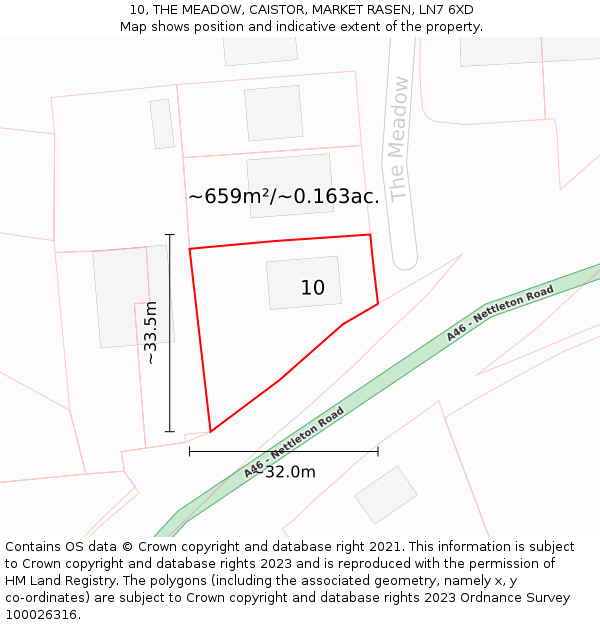 10, THE MEADOW, CAISTOR, MARKET RASEN, LN7 6XD: Plot and title map