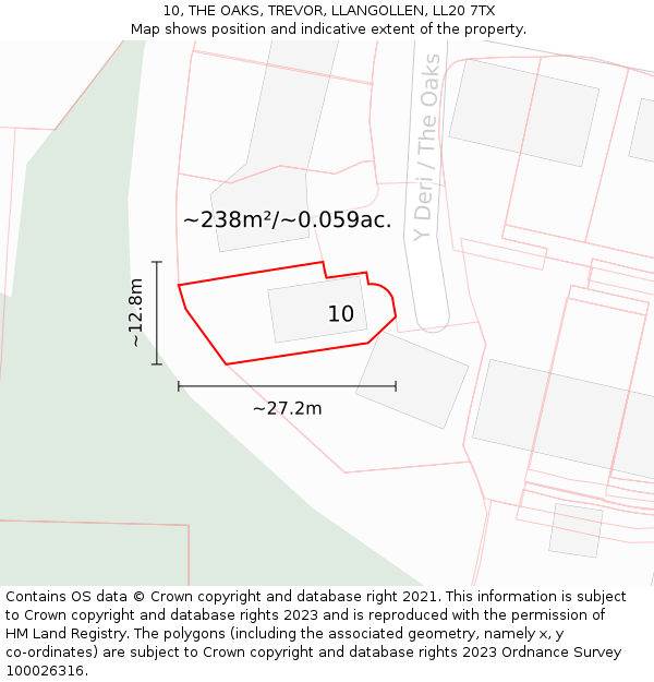 10, THE OAKS, TREVOR, LLANGOLLEN, LL20 7TX: Plot and title map