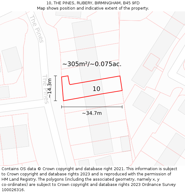 10, THE PINES, RUBERY, BIRMINGHAM, B45 9FD: Plot and title map