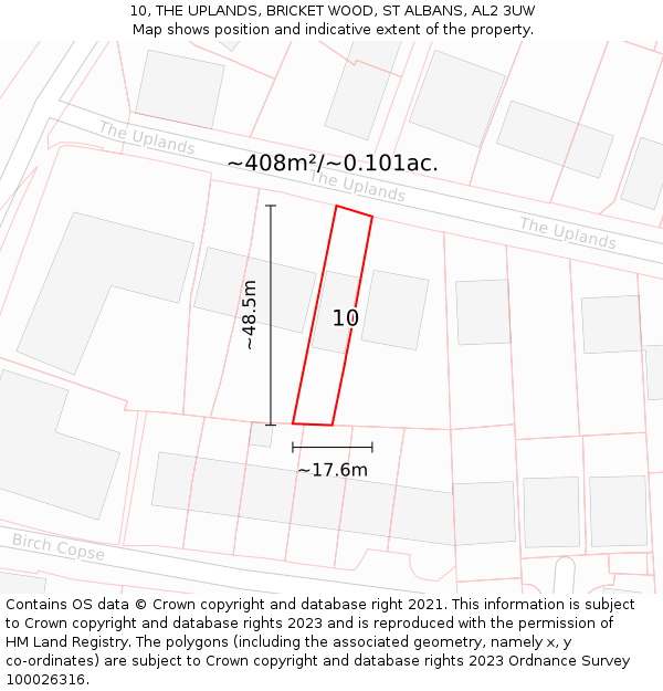 10, THE UPLANDS, BRICKET WOOD, ST ALBANS, AL2 3UW: Plot and title map