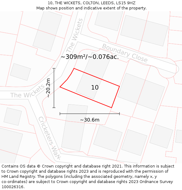 10, THE WICKETS, COLTON, LEEDS, LS15 9HZ: Plot and title map