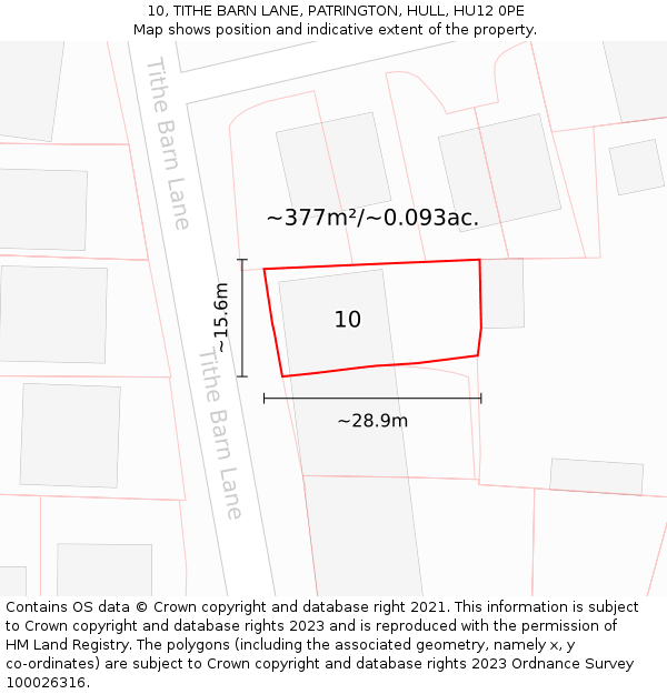 10, TITHE BARN LANE, PATRINGTON, HULL, HU12 0PE: Plot and title map