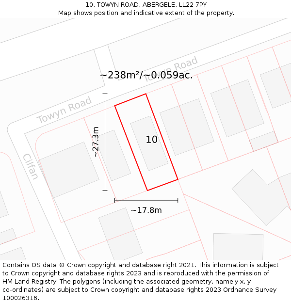 10, TOWYN ROAD, ABERGELE, LL22 7PY: Plot and title map