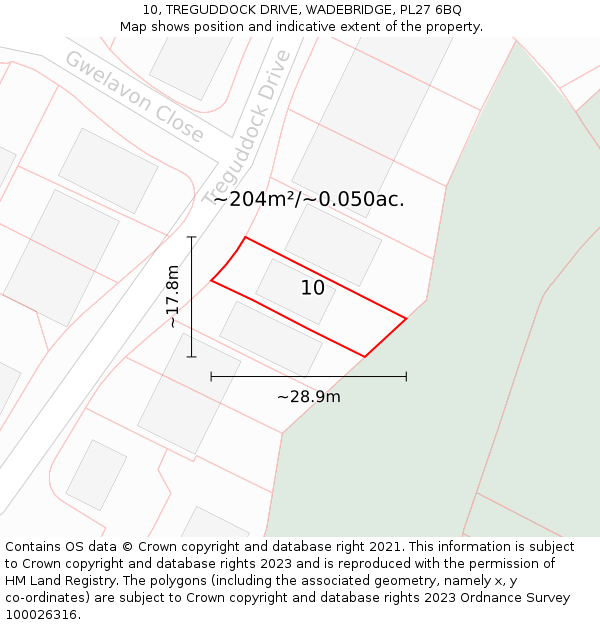 10, TREGUDDOCK DRIVE, WADEBRIDGE, PL27 6BQ: Plot and title map