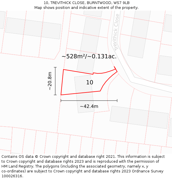 10, TREVITHICK CLOSE, BURNTWOOD, WS7 9LB: Plot and title map