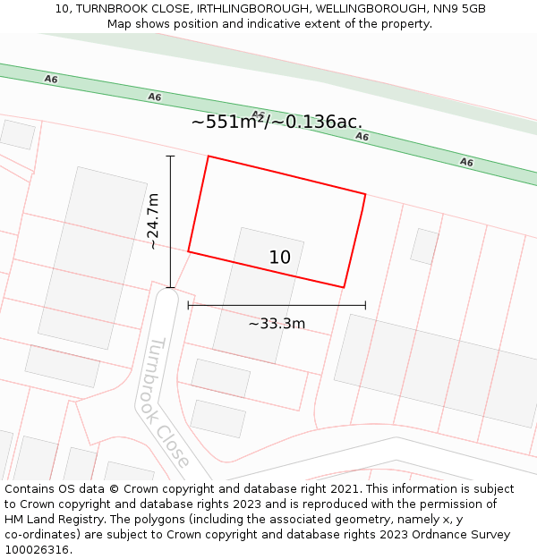 10, TURNBROOK CLOSE, IRTHLINGBOROUGH, WELLINGBOROUGH, NN9 5GB: Plot and title map