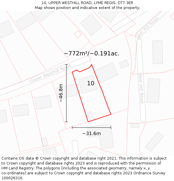 10, UPPER WESTHILL ROAD, LYME REGIS, DT7 3ER: Plot and title map