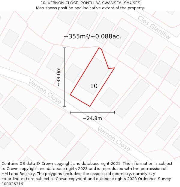 10, VERNON CLOSE, PONTLLIW, SWANSEA, SA4 9ES: Plot and title map