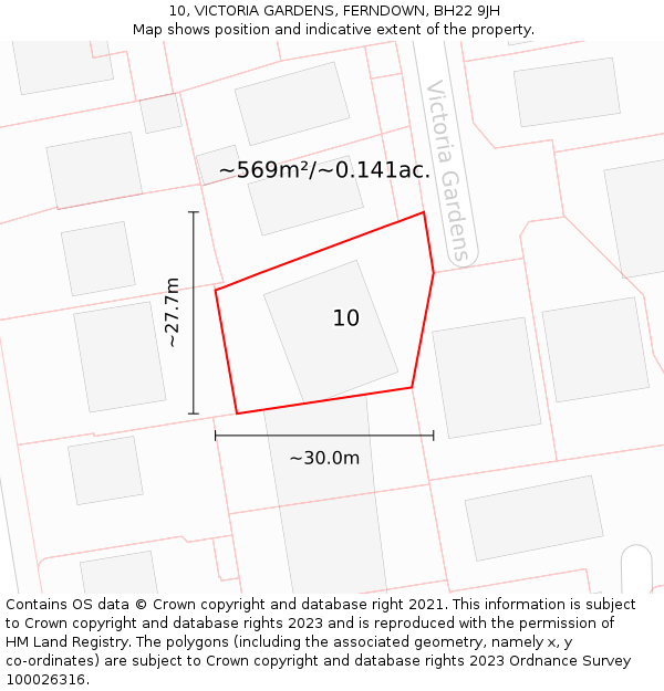 10, VICTORIA GARDENS, FERNDOWN, BH22 9JH: Plot and title map