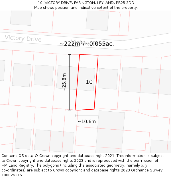 10, VICTORY DRIVE, FARINGTON, LEYLAND, PR25 3DD: Plot and title map