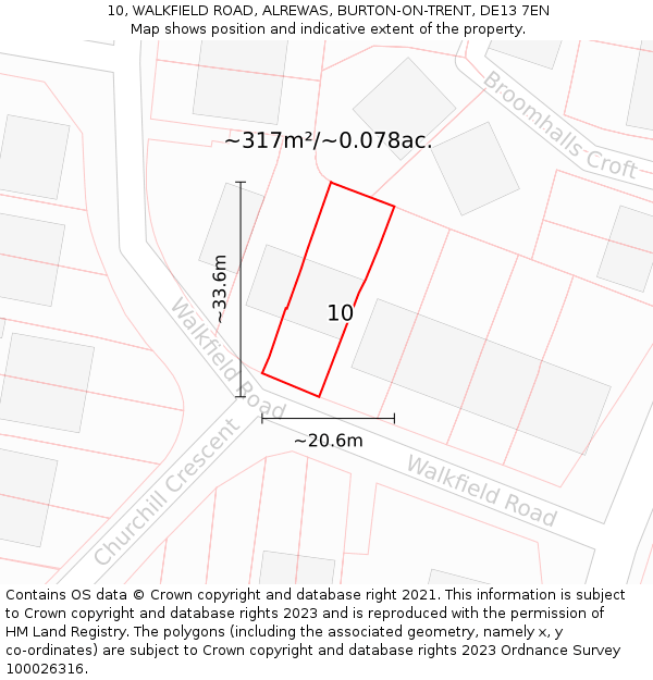 10, WALKFIELD ROAD, ALREWAS, BURTON-ON-TRENT, DE13 7EN: Plot and title map