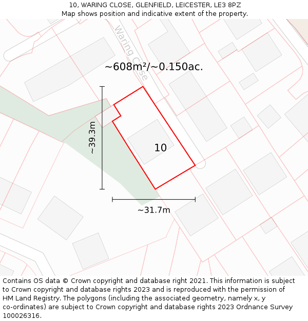 10, WARING CLOSE, GLENFIELD, LEICESTER, LE3 8PZ: Plot and title map