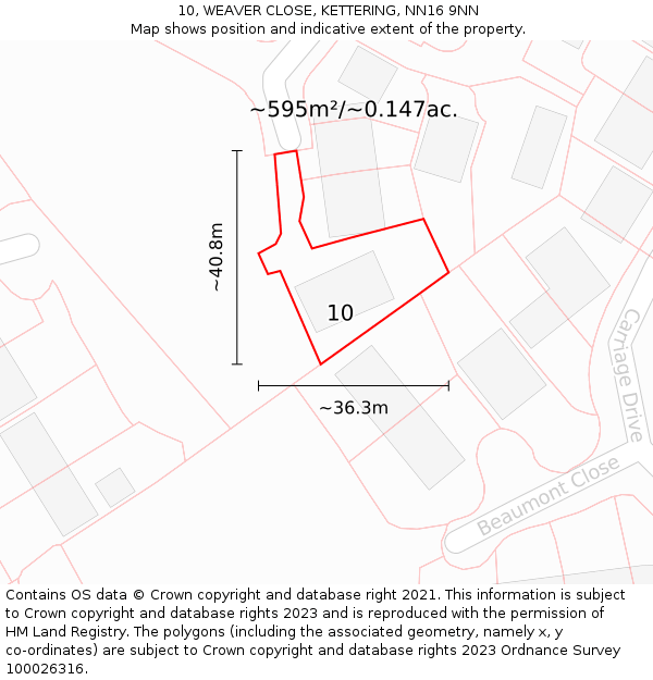 10, WEAVER CLOSE, KETTERING, NN16 9NN: Plot and title map