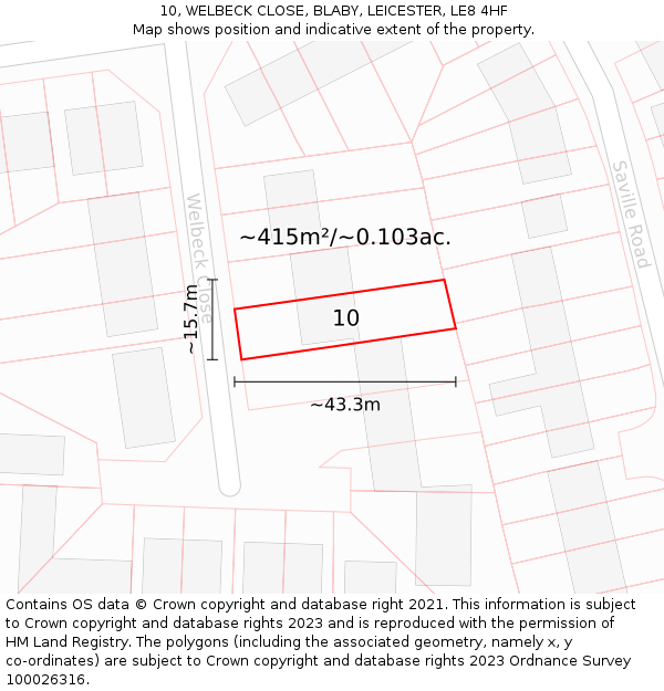 10, WELBECK CLOSE, BLABY, LEICESTER, LE8 4HF: Plot and title map