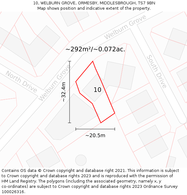 10, WELBURN GROVE, ORMESBY, MIDDLESBROUGH, TS7 9BN: Plot and title map