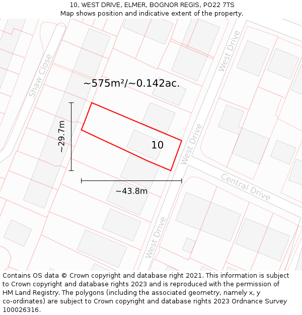 10, WEST DRIVE, ELMER, BOGNOR REGIS, PO22 7TS: Plot and title map