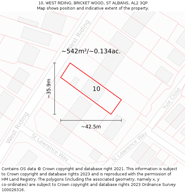 10, WEST RIDING, BRICKET WOOD, ST ALBANS, AL2 3QP: Plot and title map