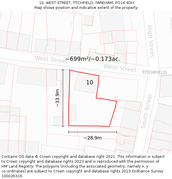 10, WEST STREET, TITCHFIELD, FAREHAM, PO14 4DH: Plot and title map