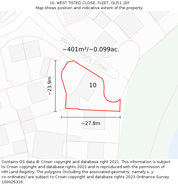 10, WEST TISTED CLOSE, FLEET, GU51 1EF: Plot and title map