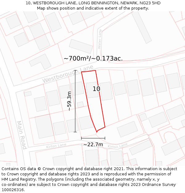 10, WESTBOROUGH LANE, LONG BENNINGTON, NEWARK, NG23 5HD: Plot and title map