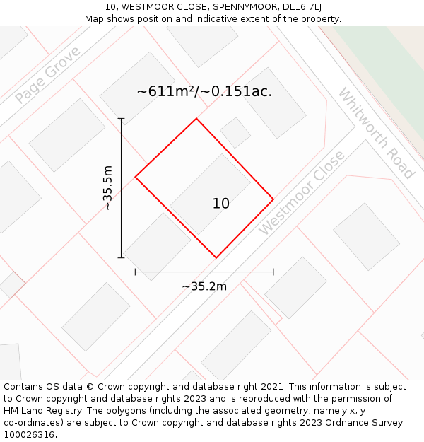 10, WESTMOOR CLOSE, SPENNYMOOR, DL16 7LJ: Plot and title map