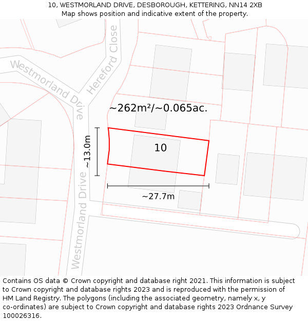 10, WESTMORLAND DRIVE, DESBOROUGH, KETTERING, NN14 2XB: Plot and title map