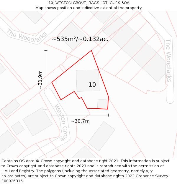 10, WESTON GROVE, BAGSHOT, GU19 5QA: Plot and title map