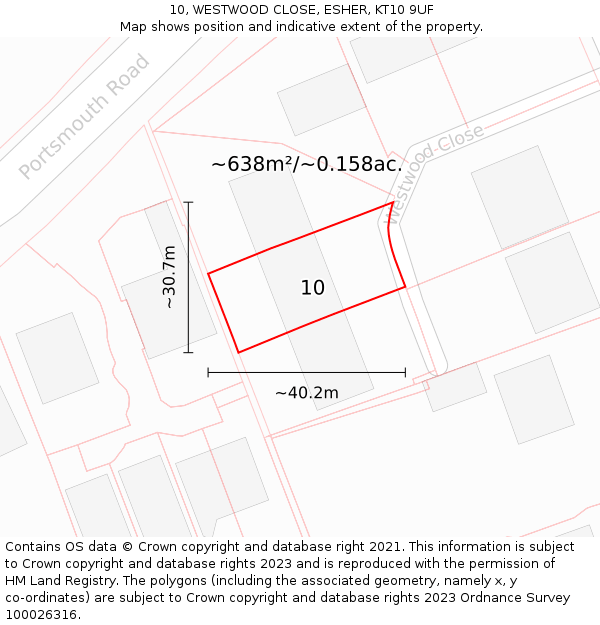 10, WESTWOOD CLOSE, ESHER, KT10 9UF: Plot and title map