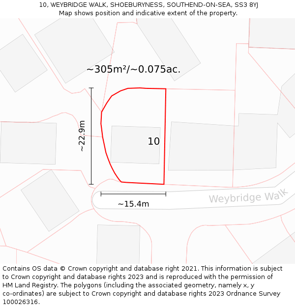 10, WEYBRIDGE WALK, SHOEBURYNESS, SOUTHEND-ON-SEA, SS3 8YJ: Plot and title map