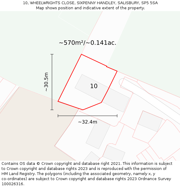 10, WHEELWRIGHTS CLOSE, SIXPENNY HANDLEY, SALISBURY, SP5 5SA: Plot and title map