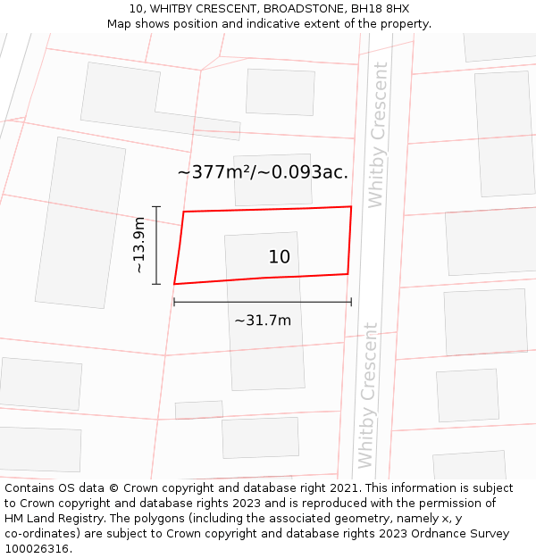 10, WHITBY CRESCENT, BROADSTONE, BH18 8HX: Plot and title map