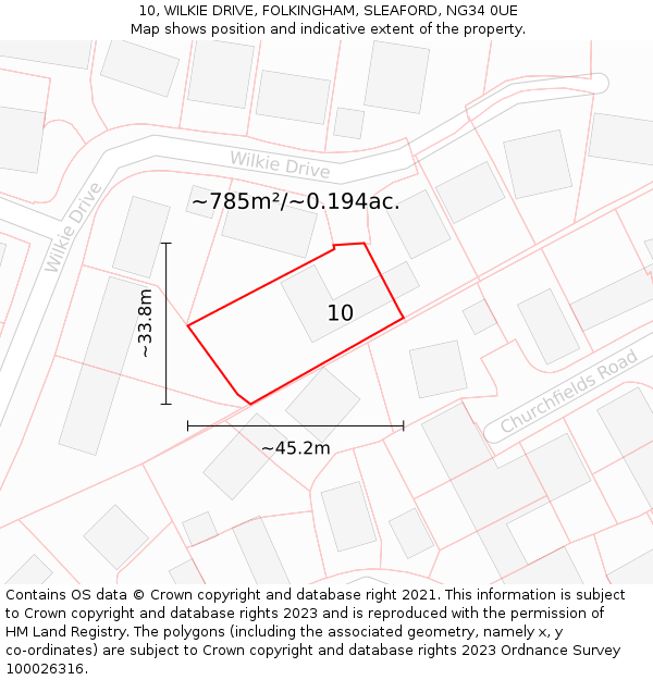 10, WILKIE DRIVE, FOLKINGHAM, SLEAFORD, NG34 0UE: Plot and title map