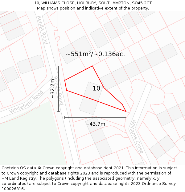 10, WILLIAMS CLOSE, HOLBURY, SOUTHAMPTON, SO45 2GT: Plot and title map