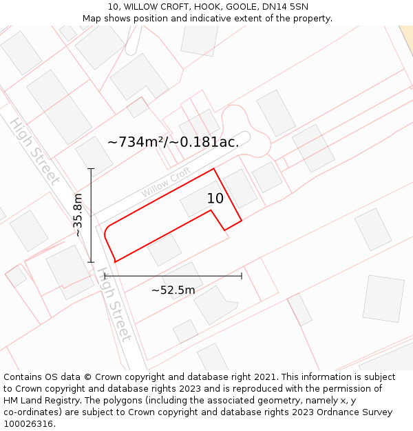 10, WILLOW CROFT, HOOK, GOOLE, DN14 5SN: Plot and title map