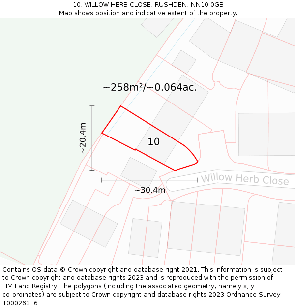 10, WILLOW HERB CLOSE, RUSHDEN, NN10 0GB: Plot and title map