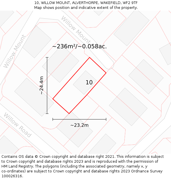 10, WILLOW MOUNT, ALVERTHORPE, WAKEFIELD, WF2 9TF: Plot and title map